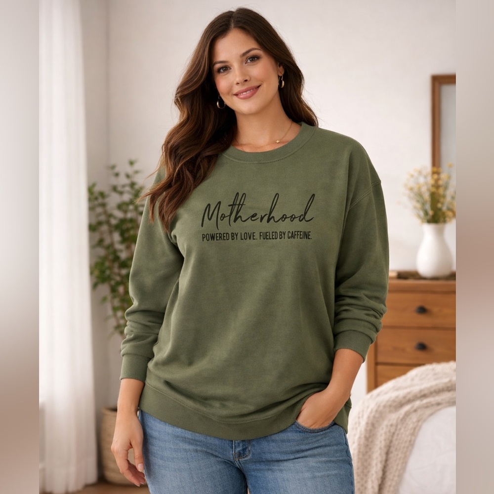 Gildan Olive Green Motherhood. Powered by love. Fueled by caffeine Sweatshirt L